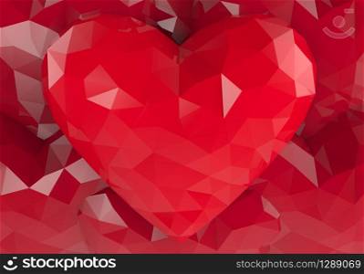 3d rendering. Red heart Low polygonal background.