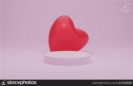 3d rendering. Red heart on pink podium on pastel background. Abstract minimal geometric shapes backdrop for valentine day design composition. Product display with valentine&rsquo;s day concept.