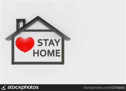 3d rendering. Red heart shape object in House shape with STAY HOME Words on copy space gray background. Safety home by work from home during quarantine time concept.. 3d rendering. Simple composing black bar line in House shape on gray background.