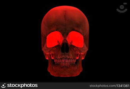 3d rendering. Red Human Head skull bone isolated on black background. Horror Halloween concept.