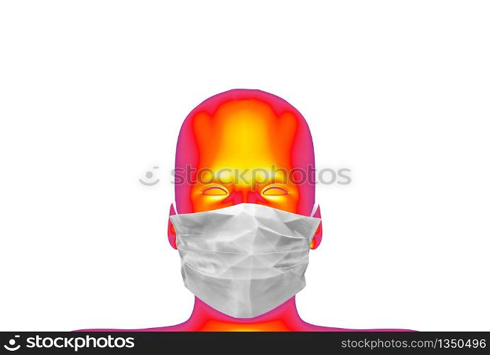 3d rendering. Red Human head wearing White Surgical face mask with clippin path isolated on white background.