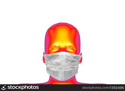 3d rendering. Red Human head wearing White Surgical face mask with clippin path isolated on white background.
