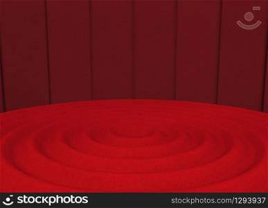 3d rendering. red ripple style floor with dark wall background.