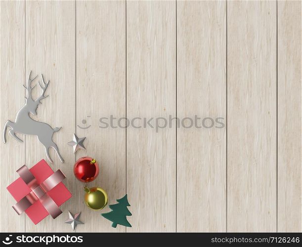 3D rendering red square gift box and metallic white bow-ribbon ,balls,reindeer,christmas ,wooden floor background for copy space