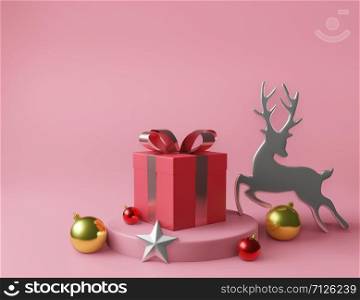 3D rendering red square gift box and metallic white bow-ribbon concept pink background ,reindeer,christmas