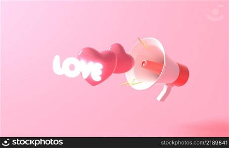 3D rendering Red-White megaphone on pink background of speaker speech for Valentine day. Minimal My love glow light heart pastel. illustration