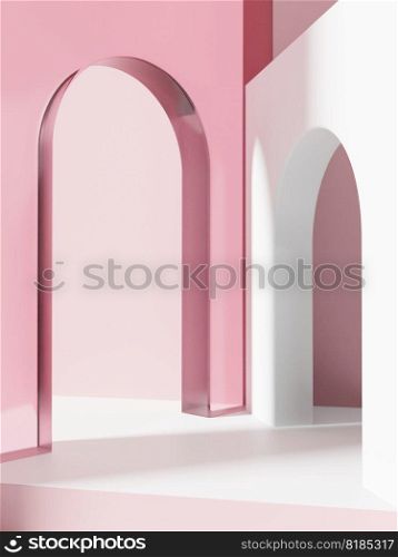 3D Rendering Retro Studio Shot Product Display Background with Transparent Pink Acrylic Arch for Beauty or Skincare Products.