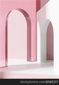 3D Rendering Retro Studio Shot Product Display Background with Transparent Pink Acrylic Arch for Beauty or Skincare Products.