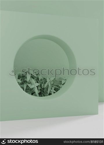 3D Rendering Retro Style Minimal Geometric Wall and Garden Product Display Background for Health Care or Food and Beverage Products.