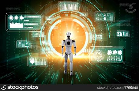 3D rendering robot humanoid analyzing big data using AI thinking brain and machine learning process in concept of the 4th fourth industrial revolution .. 3D rendering robot humanoid analyzing big data using AI thinking