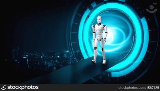 3D rendering robot humanoid in sci fi fantasy world . Concept of AI thinking brain and machine learning process for the 4th fourth industrial revolution .