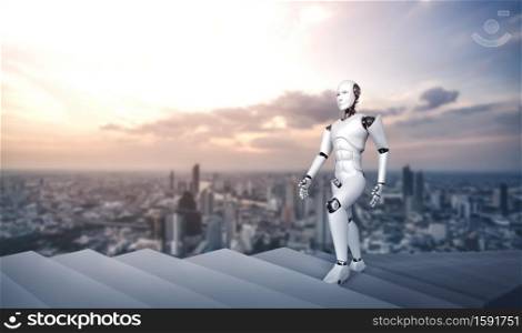 3D rendering robot humanoid walk up stair to success and goals achievement. Concept of AI thinking brain and machine learning process for the 4th fourth industrial revolution .