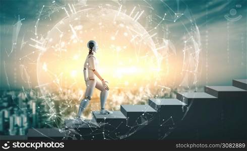 3D rendering robot humanoid walk up stair to success and goals achievement. Concept of AI thinking brain and machine learning process for the 4th fourth industrial revolution .