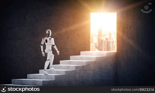 3D rendering robot humanoid walk up stair to success and goals achievement. Concept of AI thinking brain and machine learning process for the 4th fourth industrial revolution .. 3D rendering robot humanoid walk up stair to success