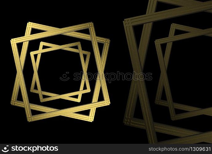3d rendering. Rotation golden square frame on black background.