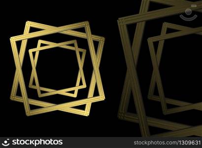 3d rendering. Rotation golden square frame on black background.