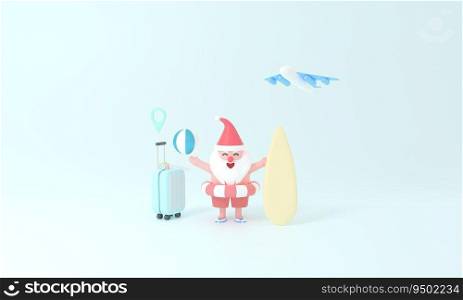 3D rendering Santa Claus on suitcase travel.magic of Summer Christmas and book a plane ticket concept. Celebrate season with festive pastel decor and embark on an imaginative journey of creativity.
