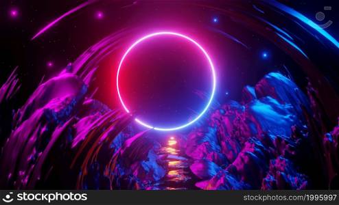3D rendering. Sci Fi modern futuristic bright background with round portal. Abstract background, space landscape. Virtual reality, a source of energy. Background laser show.. 3D rendering. Sci Fi modern futuristic bright background with round portal. Abstract background, space landscape