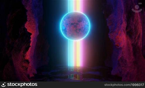 3D rendering. Sci Fi modern futuristic bright space planet with rings. Abstract background, space landscape. Virtual reality, a source of energy. Background laser show.. 3D rendering. Sci Fi modern futuristic bright space planet with rings. Abstract background, space landscape