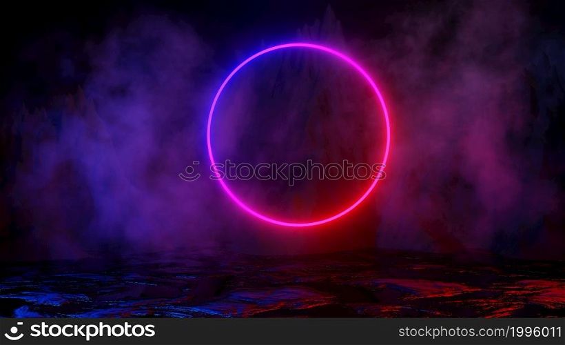 3D rendering. Sci Fi modern modern futuristic bright background with round portal. Abstract background, space landscape. Virtual reality, a source of energy. Background laser show.. 3D rendering. Science fiction modern futuristic bright background with round portal. Abstract background, space landscape