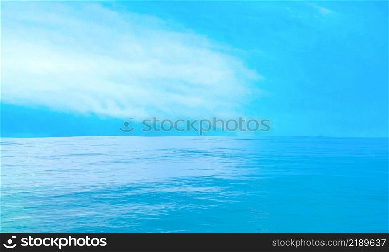 3D rendering sea on blue sky. Ocean surface panorama. Landscape Surface seascape on scene summer season.Travel wallpaper.Nature wave water horizontal. Outdoor in sea.