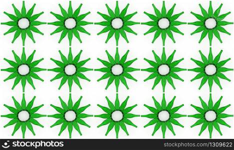3d rendering. seamless green glass bottle in star shape pattern on white background.