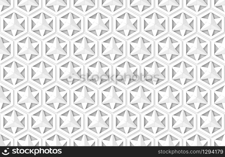 3d rendering. seamless modern white star in hexgonal shape pattern wall background.