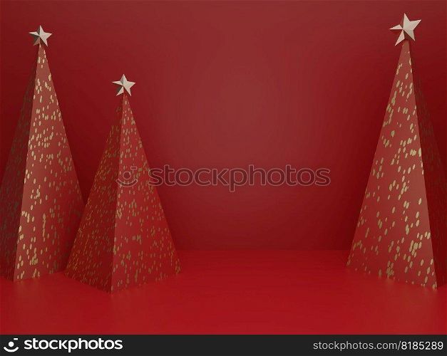3D Rendering Seasonal or Christmas Studio Shot Product Display Background with Paper Prop Christmas Trees for Luxury or Festive Products.