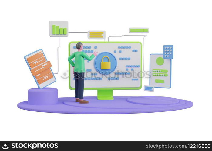 3d rendering security system on cloud computing technology.Data security concept.Data security protection.Concept for web page, banner, presentation, social media, documents, cards, posters.