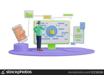 3d rendering security system on cloud computing technology.Data security concept.Data security protection.Concept for web page, banner, presentation, social media, documents, cards, posters.