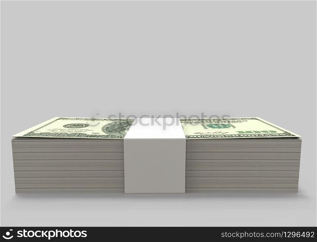 3d rendering. Side view of One Hundred USA Dollars bank notes stack on copy space gray background with clipping path.