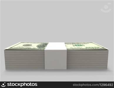 3d rendering. Side view of One Hundred USA Dollars bank notes stack on copy space gray background with clipping path.