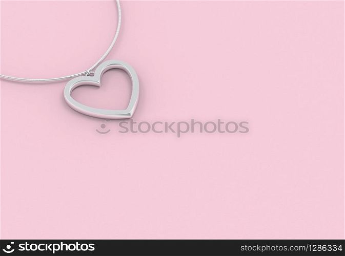 3d rendering. Silver Heart shape necklace on sweet pink color wall background.