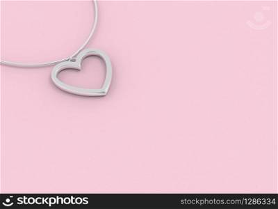 3d rendering. Silver Heart shape necklace on sweet pink color wall background.