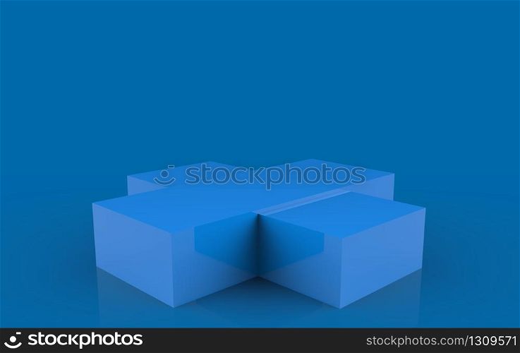 3d rendering. Simple blank Blue box podium stage on dark background.