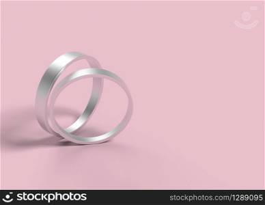 3d rendering. Simple design of silver wedding rings pair on pink background.