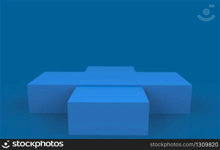 3d rendering. Simple empty Blue box podium stage on dark background.