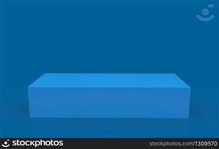3d rendering. Simple rectangle Blue box podium stage on dark background.