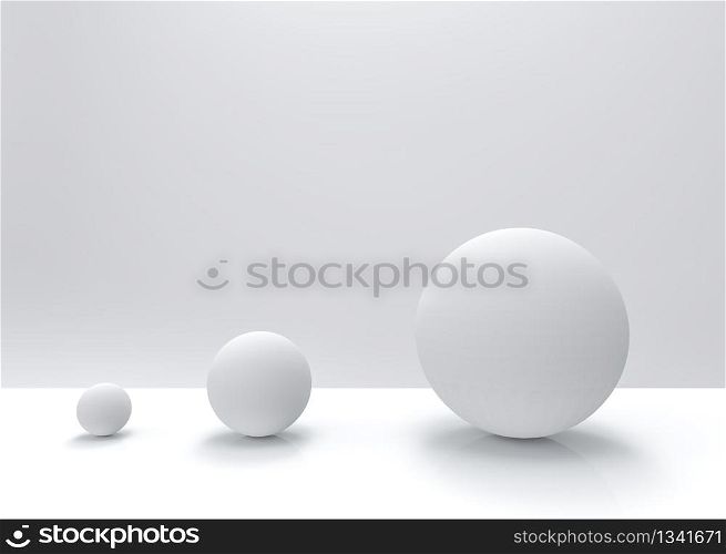 3d rendering. simple white small to big sphere ball object on gray backgorund. growing up or evolution concept.
