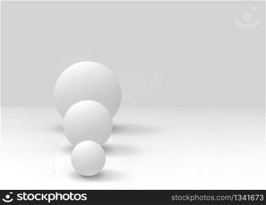 3d rendering. simple white small to big sphere ball object on gray backgorund. growing up or evolution concept.