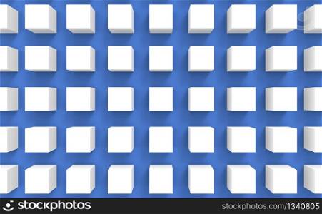 3d rendering. small white cube boxes on blue wall design background.