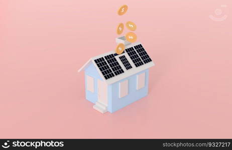 3d rendering Solar panel house money saving electricity bill concept minimal pastel general home illustration isolated on pink background