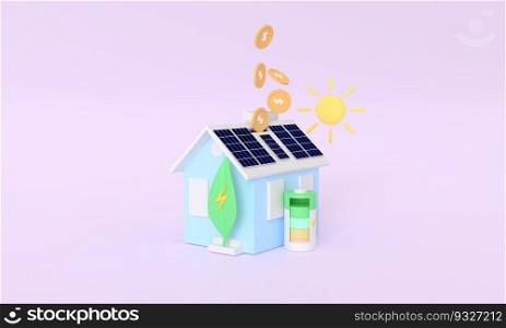 3d rendering Solar panel house , plant and battery money saving electricity bill concept minimal pastel general home . illustration isolated on pink background