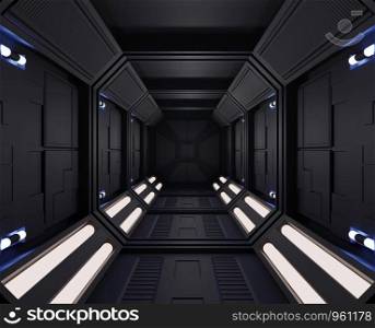 3D rendering Spaceship dark interior with view,tunnel,corridor small lights