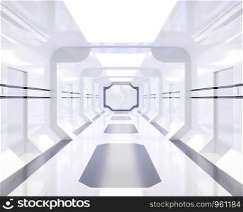 3D rendering Spaceship white and bright interior with view,tunnel,corridor