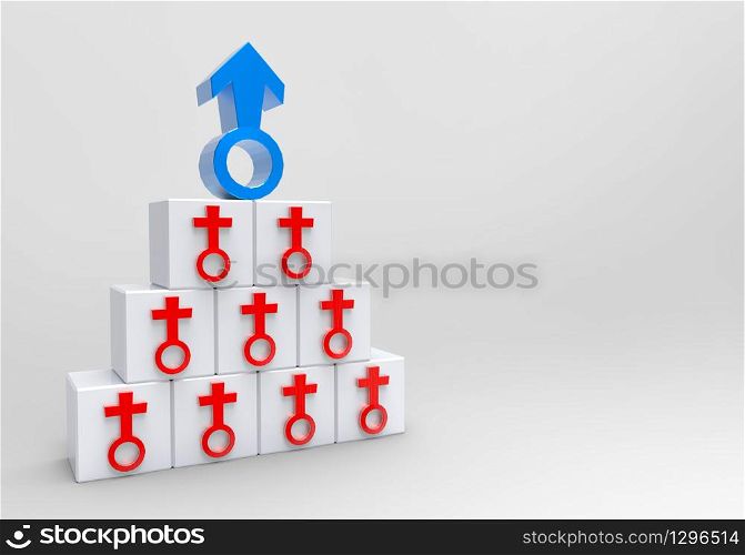 3d rendering. Stack of a big blue male on the top of red female gender sign in the cube boxs with copy space gray background. Gender pay gap concept