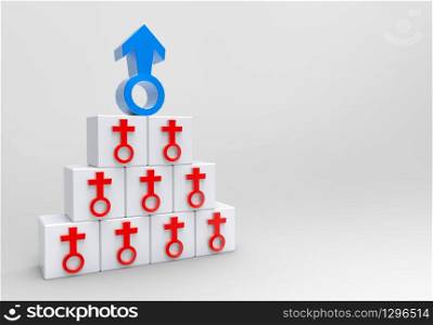 3d rendering. Stack of a big blue male on the top of red female gender sign in the cube boxs with copy space gray background. Gender pay gap concept