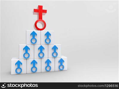 3d rendering. Stack of A red female on the top of blue male gender sign in the cubes with gray copy space background. Gender pay gap or women are the best concept
