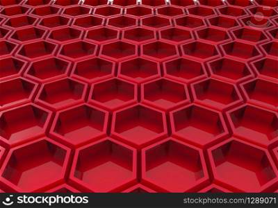 3d rendering. Stack of Luxury modern red hexagonal floor background in perspective view