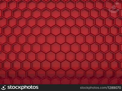 3d rendering. Stack of Modern Luxurious Red Hexagonal shape wall background with reflection on the ground.